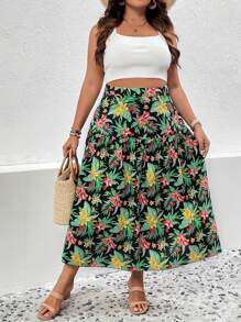 SHEIN Holidaya 大碼熱帶圖案荷葉邊半身裙 - 彩色 - 查看 5