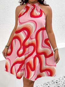 SHEIN Holidaya 大碼滿版印花繞頸連衣裙 - 粉色 - 查看 5