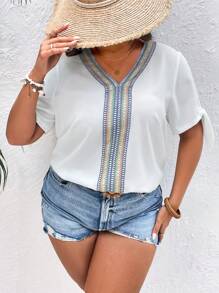 SHEIN VCAY 大碼織帶拼接打結袖口襯衫 - 白色 - 查看 1