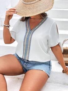 SHEIN VCAY 大碼織帶拼接打結袖口襯衫 - 白色 - 查看 4
