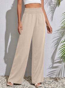 SHEIN Tall Quần nữ Dải chun Quần paper-bag màu trơn Giải trí - Màu be - Xem 1