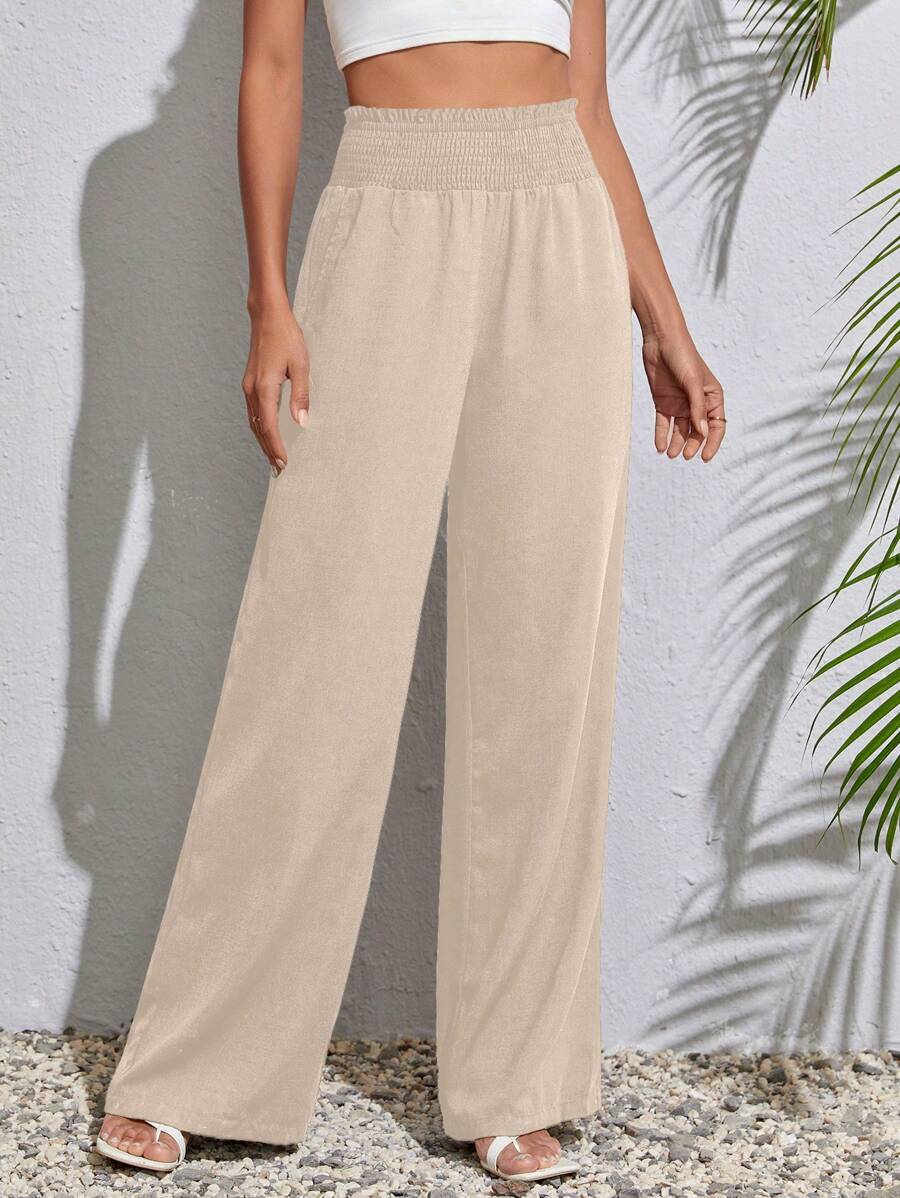 SHEIN Tall Quần nữ Dải chun Quần paper-bag màu trơn Giải trí - Màu be - Xem 1
