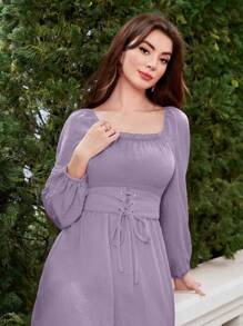 Modelyn Square Neck Lantern Sleeve Belted Dress - Purple - View 3
