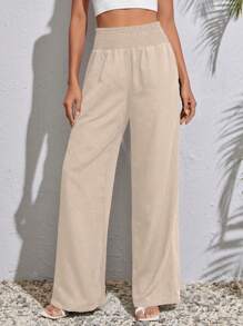 SHEIN Tall Quần nữ Dải chun Quần paper-bag màu trơn Giải trí - Màu be - Xem 3