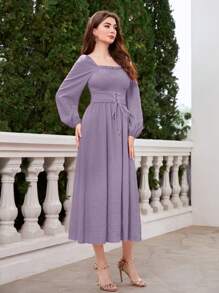 Modelyn Square Neck Lantern Sleeve Belted Dress - Purple - View 4
