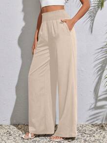 SHEIN Tall Quần nữ Dải chun Quần paper-bag màu trơn Giải trí - Màu be - Xem 4