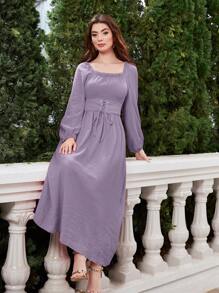 Modelyn Square Neck Lantern Sleeve Belted Dress - Purple - View 5