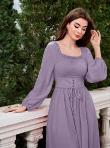 Modelyn Square Neck Lantern Sleeve Belted Dress - Purple - View 6