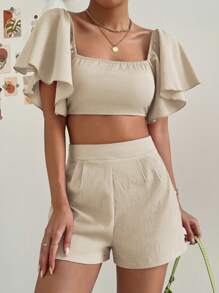 SHEIN Privé Square Neck Butterfly Sleeve Crop Top & Shorts
