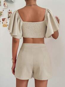 SHEIN Privé Square Neck Butterfly Sleeve Crop Top & Shorts