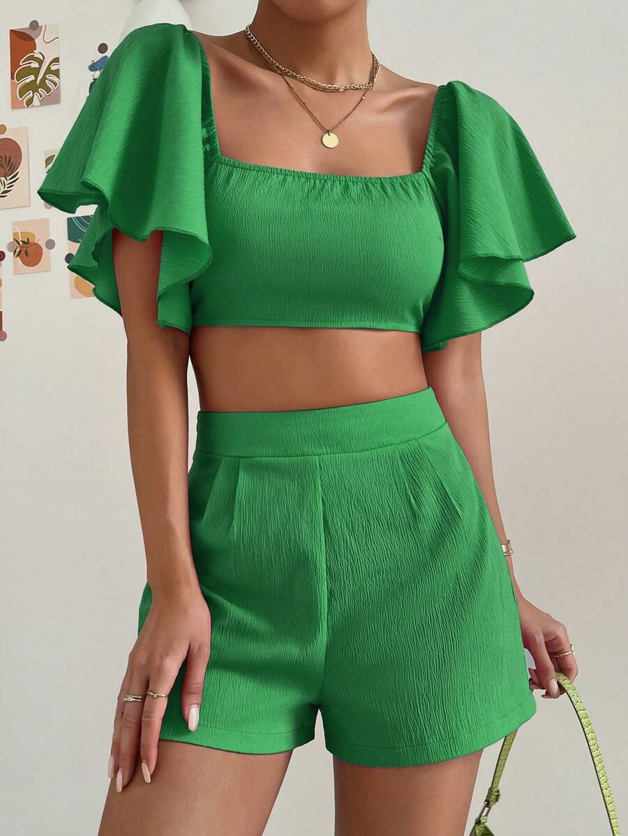 SHEIN Privé Square Neck Butterfly Sleeve Crop Top & Shorts - Green - View 1