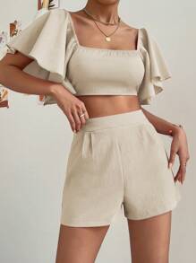SHEIN Privé Square Neck Butterfly Sleeve Crop Top & Shorts