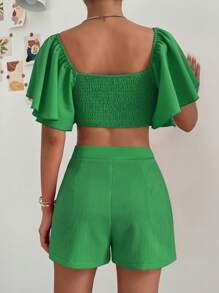 SHEIN Privé Square Neck Butterfly Sleeve Crop Top & Shorts - Green - View 2