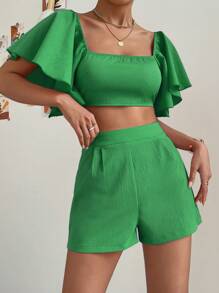 SHEIN Privé Square Neck Butterfly Sleeve Crop Top & Shorts - Green - View 3
