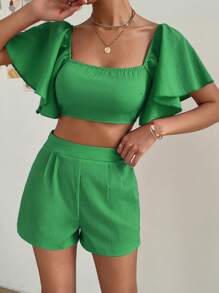 SHEIN Privé Square Neck Butterfly Sleeve Crop Top & Shorts - Green - View 5