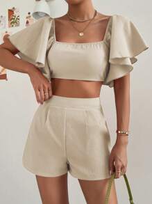 SHEIN Privé Square Neck Butterfly Sleeve Crop Top & Shorts
