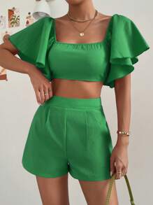 SHEIN Privé Square Neck Butterfly Sleeve Crop Top & Shorts - Green - View 6
