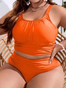 Swim Lushoire Conjunto de bikini fruncido para playa de talla grande, traje de baño - Naranja Quemada - Ver 1
