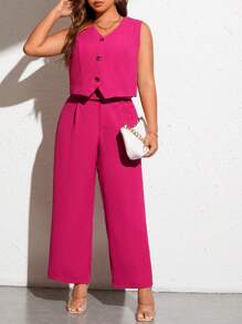 SHEIN Clasi Plus Button Front Vest Blazer & Wide Leg Trousers - Hot Pink - View 1