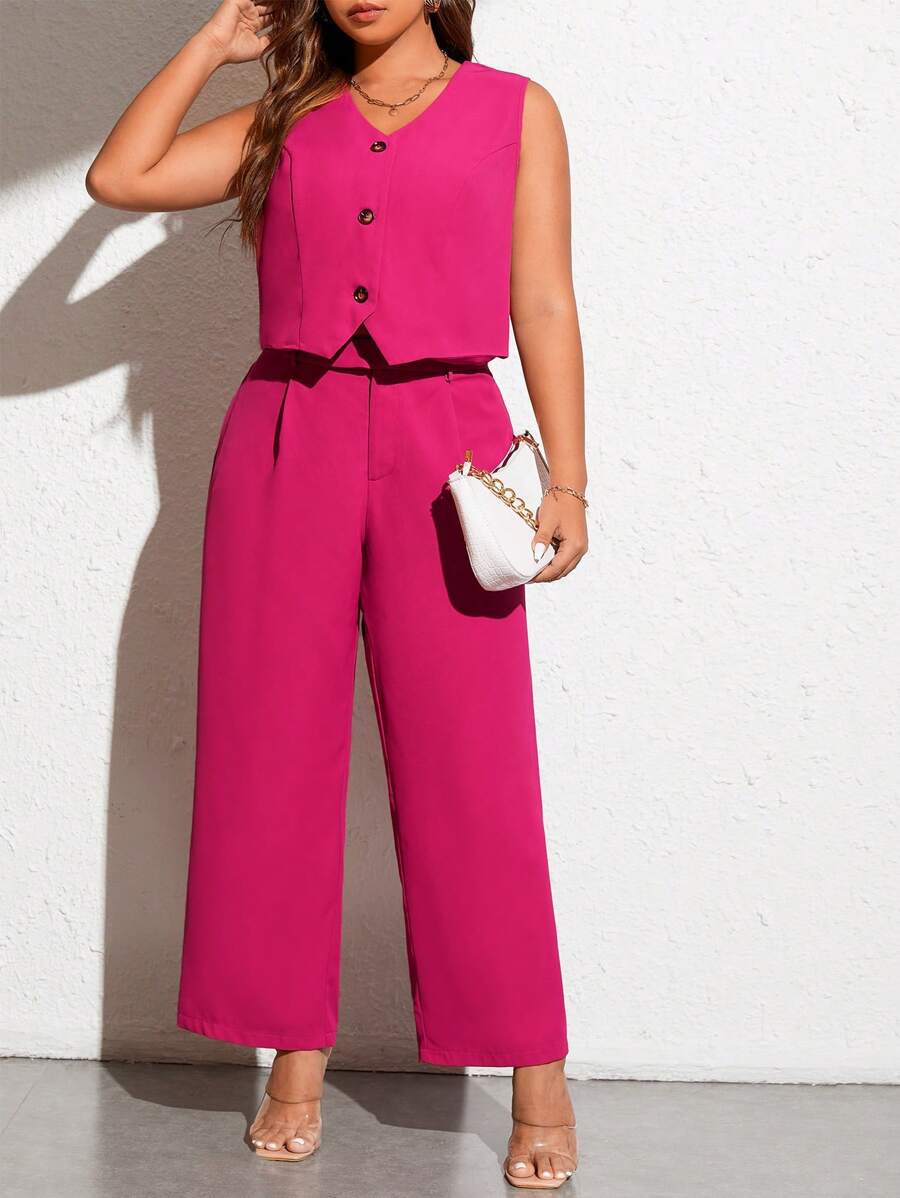 SHEIN Clasi Plus Button Front Vest Blazer & Wide Leg Trousers - Hot Pink - View 1
