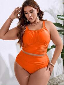 Swim Lushoire Conjunto de bikini fruncido para playa de talla grande, traje de baño - Naranja Quemada - Ver 4