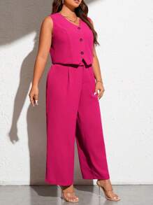 SHEIN Clasi Plus Button Front Vest Blazer & Wide Leg Trousers - Hot Pink - View 5