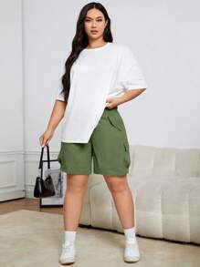 SHEIN EZwear Talla grande Shorts de cintura con cordón con bolsillo con solapa cargo - Verde militar - Ver 3