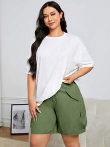 SHEIN EZwear Talla grande Shorts de cintura con cordón con bolsillo con solapa cargo - Verde militar - Ver 4