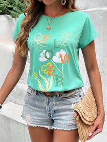 SHEIN VCAY 花卉和字母圖案蝙蝠袖T恤 - 綠色 - 查看 3