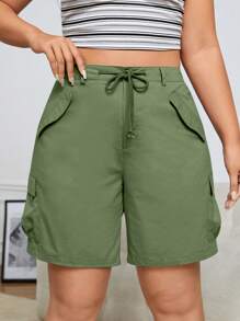 SHEIN EZwear Talla grande Shorts de cintura con cordón con bolsillo con solapa cargo - Verde militar - Ver 5
