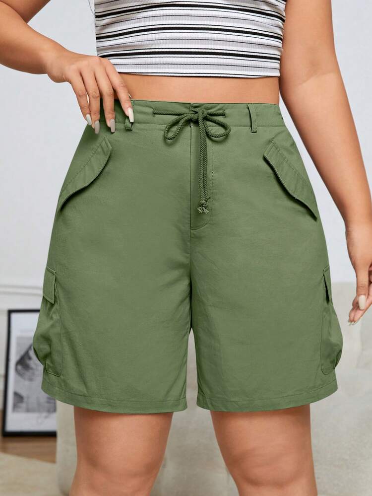 SHEIN EZwear Plus Drawstring Waist Flap Pocket Cargo Shorts - Army Green - View 5