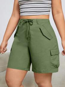 SHEIN EZwear Talla grande Shorts de cintura con cordón con bolsillo con solapa cargo - Verde militar - Ver 6