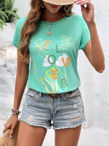 SHEIN VCAY 花卉和字母圖案蝙蝠袖T恤 - 綠色 - 查看 4