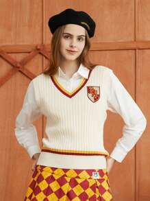 HARRY POTTER X SHEIN Cartoon Embroidery Striped Trim Sweater Vest Without Shirt - Beige - View 1