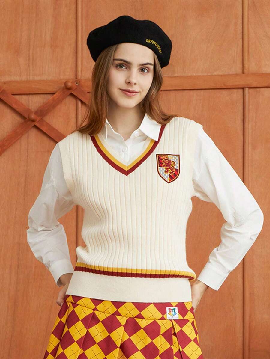 HARRY POTTER X SHEIN Cartoon Embroidery Striped Trim Sweater Vest Without Shirt - Beige - View 1