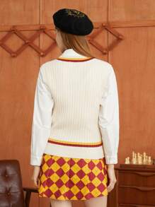 HARRY POTTER X SHEIN Cartoon Embroidery Striped Trim Sweater Vest Without Shirt - Beige - View 2