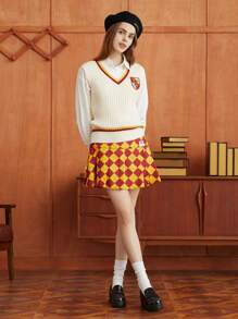 HARRY POTTER X SHEIN Cartoon Embroidery Striped Trim Sweater Vest Without Shirt - Beige - View 3