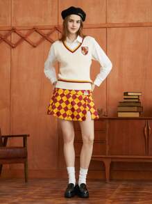 HARRY POTTER X SHEIN Cartoon Embroidery Striped Trim Sweater Vest Without Shirt - Beige - View 4