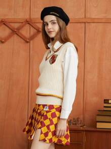 HARRY POTTER X SHEIN Cartoon Embroidery Striped Trim Sweater Vest Without Shirt - Beige - View 5