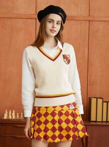 HARRY POTTER X SHEIN Cartoon Embroidery Striped Trim Sweater Vest Without Shirt - Beige - View 6