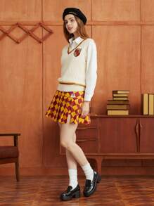 HARRY POTTER X SHEIN Cartoon Embroidery Striped Trim Sweater Vest Without Shirt - Beige - View 7