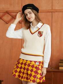 HARRY POTTER X SHEIN Cartoon Embroidery Striped Trim Sweater Vest Without Shirt - Beige - View 8