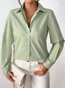 SHEIN Essnce 素色前紐扣襯衫 - 薄荷綠 - 查看 5