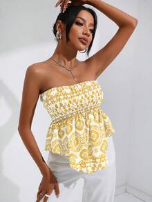 SHEIN WYWH Floral Print Asymmetrical Hem Tube Top - Yellow - View 3