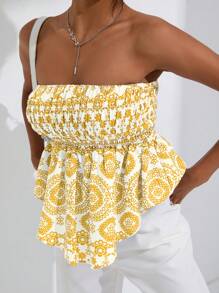 SHEIN WYWH Floral Print Asymmetrical Hem Tube Top - Yellow - View 6