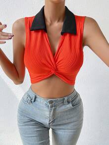 SHEIN Privé Cổ áo tương phản Mặt trước xoắn Crop Tank Top - Màu Cam cháy - Xem 3