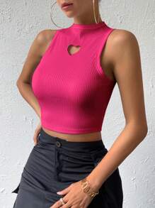 SHEIN Essnce Heart Cut Out Mock Neck Crop Tank Top - Hot Pink - View 1