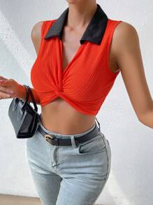 SHEIN Privé Cổ áo tương phản Mặt trước xoắn Crop Tank Top - Màu Cam cháy - Xem 1