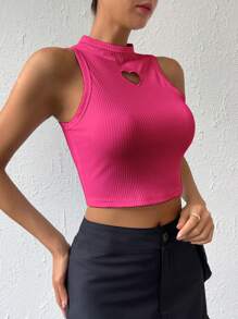 SHEIN Essnce Heart Cut Out Mock Neck Crop Tank Top - Hot Pink - View 3