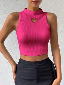SHEIN Essnce Heart Cut Out Mock Neck Crop Tank Top - Hot Pink - View 4